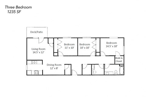 Floor plan for 3 beds, 1.5 baths, 1235 sqft